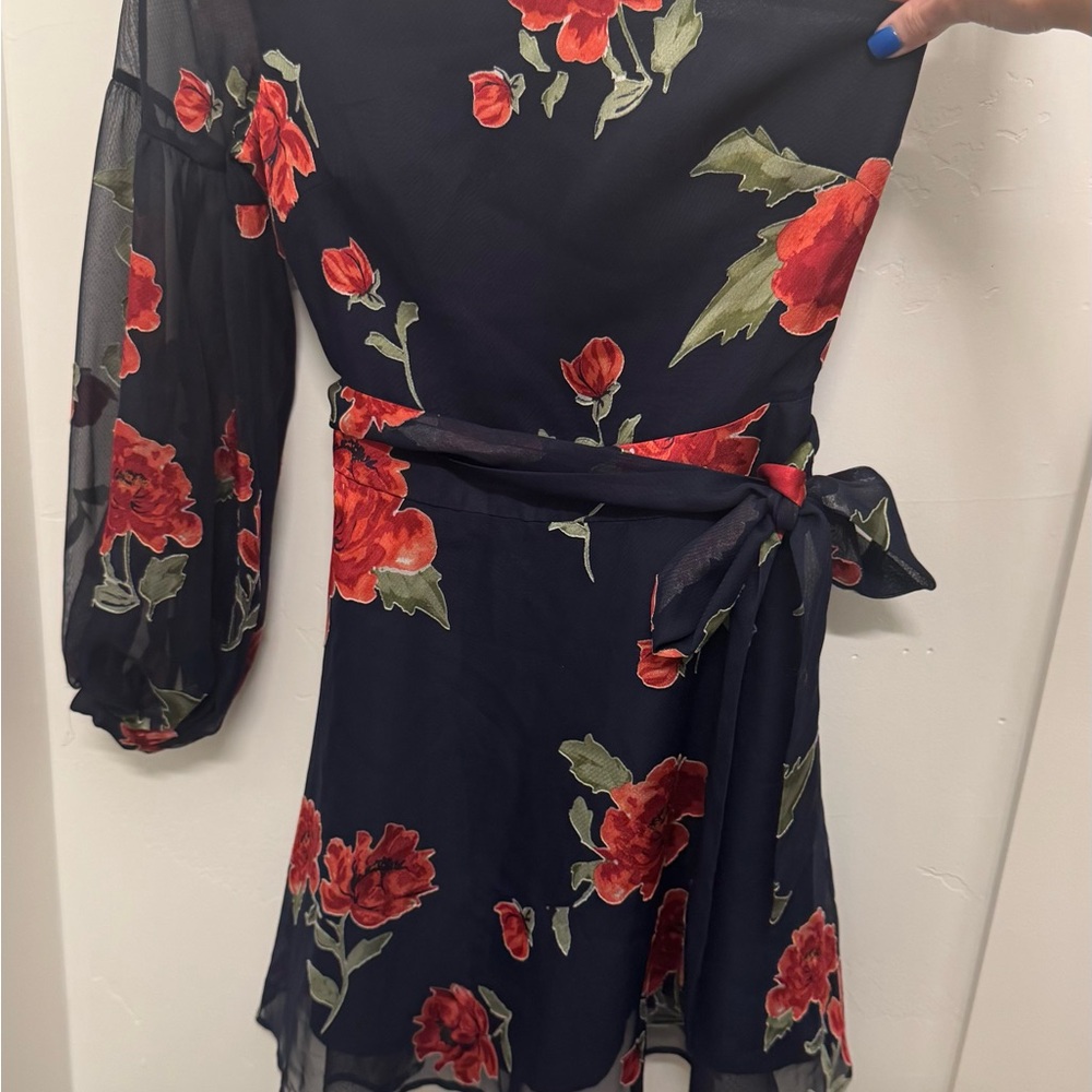 Lovers + Friends Red and Green Wrap Sundress with Bishop Sleeves
